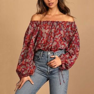NEW FP INTIMATELY Paisley Sundown Bodysuit Red Off Shoulder Long Sleeve Boho XS